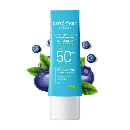 Picture of Dot & Key Blueberry Hydrate Barrier Repair Sunscreen 80gm SPF50+ PA++++ | For Dry & Sensitive Skin | Non - Greasy Finish | No White Cast | UV & Blue Light Protection | Broad Spectrum