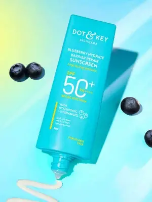 Picture of Dot & Key Blueberry Hydrate Barrier Repair Sunscreen 80gm SPF50+ PA++++ | For Dry & Sensitive Skin | Non - Greasy Finish | No White Cast | UV & Blue Light Protection | Broad Spectrum