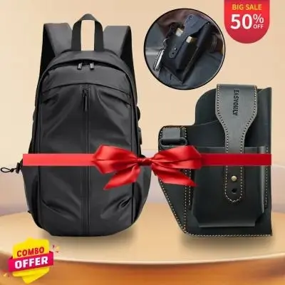 Picture of Indispensable -JackKevin Men's Backpack Male Oxford Textile Water Proof Laptop Bag with USB Charging Backpacks and free a Waist Bag - Black