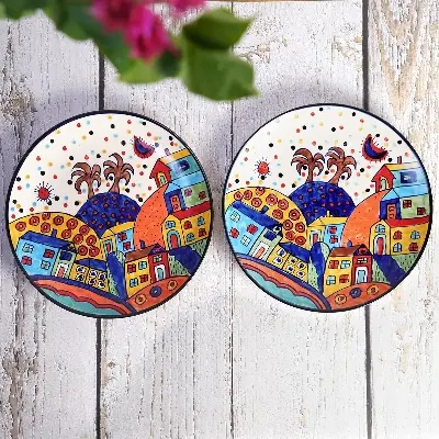 Picture of Ceramic Hut Hand painted Serving Dinner Plate Thali Set Of 2, 4, 6 Microwave Safe-Multi - Multicolor 2pcs