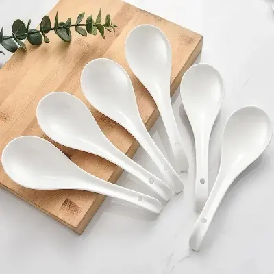 Picture of 6 pcs Plain White Ceramic Spoon (6 pcs) Kis Soup Spoon, Korean Chinese Rice Scoop Ice Cream Ladle, Porcelain Dinner Spoon - Minimalistic Sophistication - White