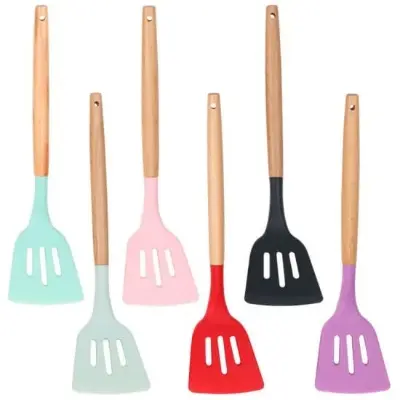 Picture of 1pc Non-Stick Silicone Kitchen Utensils Spatula, Wood Handle, Food Grade, BPA-Free - Multicolor