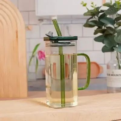 Picture of 400ml/Glass Made Straw/Glaas Made Body/and High Quality plastic Lid. Beautiful Square Masonjar/  Drinking /Juice Mug - Green
