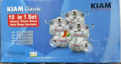 Picture of Kiam Classic 10 in 1 Set Heavy Thick Base Belly Shape Saucepan Cook Wear Set 16 cm Saucepan, 18 Cm Saucepan, 20 Cm Saucepan, 24 Cm Saucepan, 26 Cm saucepan. - Silver