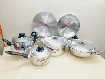 Picture of Exclusive 10 pcs Kiam Family Pack Cookware Set Aluminium. Casserole Stock Pot, Korai, Milk Pan, Baly Such Pan, Ruti Tawa, Fry Pan & - Silver