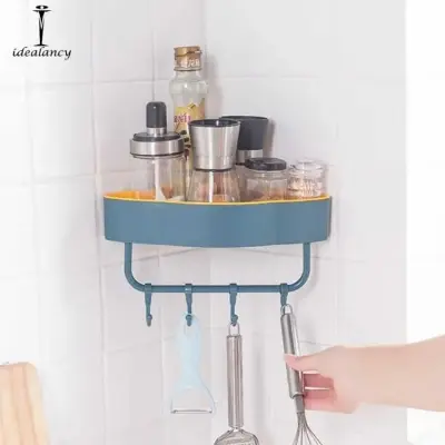 Picture of Bathroom, kitchen self with hanger Free Punch Wall Corner Bathroom Storage Shelves Shelf With Hook Bathroom - Multicolor