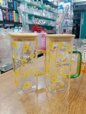 Picture of Glass Made Body and Glass Made Staw Flower Printed Juice Mug With Bamboo Lid & Sip - Yellow