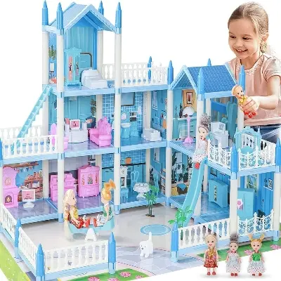 Picture of Doll House with Dolls and Furniture - Think of the doll as the girl herself and live in a dream house. - Multicolor