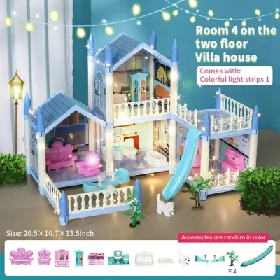 Picture of Doll House with Dolls and Furniture - Think of the doll as the girl herself and live in a dream house. - Blue
