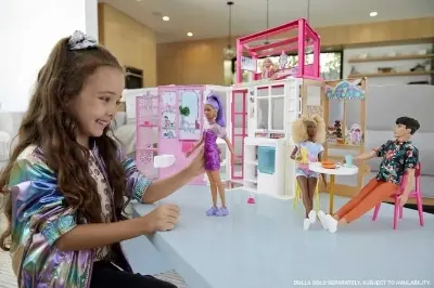 Picture of Barbie Dollhouse with 2 Levels and 4 Play Areas, Fully Furnished Barbie House with Puppy and Accessories, Gift for Kids 3 Years - Pink