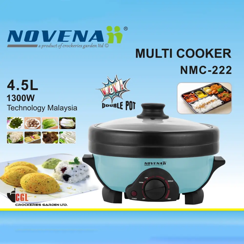 Picture of Novena Multi Cooker Double Pot Multi cooker, Electric Curry Cooker With Double Pot, Removable non-stick pan, Automatic cooking and warming system (4.5 LTR) 1300w - Multicolor
