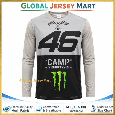 Picture of VR46 Camp “VRFORTYSIX” Racing Jersey 2024/25 – Number 46 Graphic – Monster Style Print – Full Sleeve Moto/Sports Fan Jersey – Grey & Black - Black