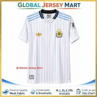 Picture of Argentina Away Jersey 2024/25 – AFA Crest (3 Stars) – Short Sleeve Football Jersey – White with Sky Blue Pinstripes – Argentina National Team Fan Shirt - White