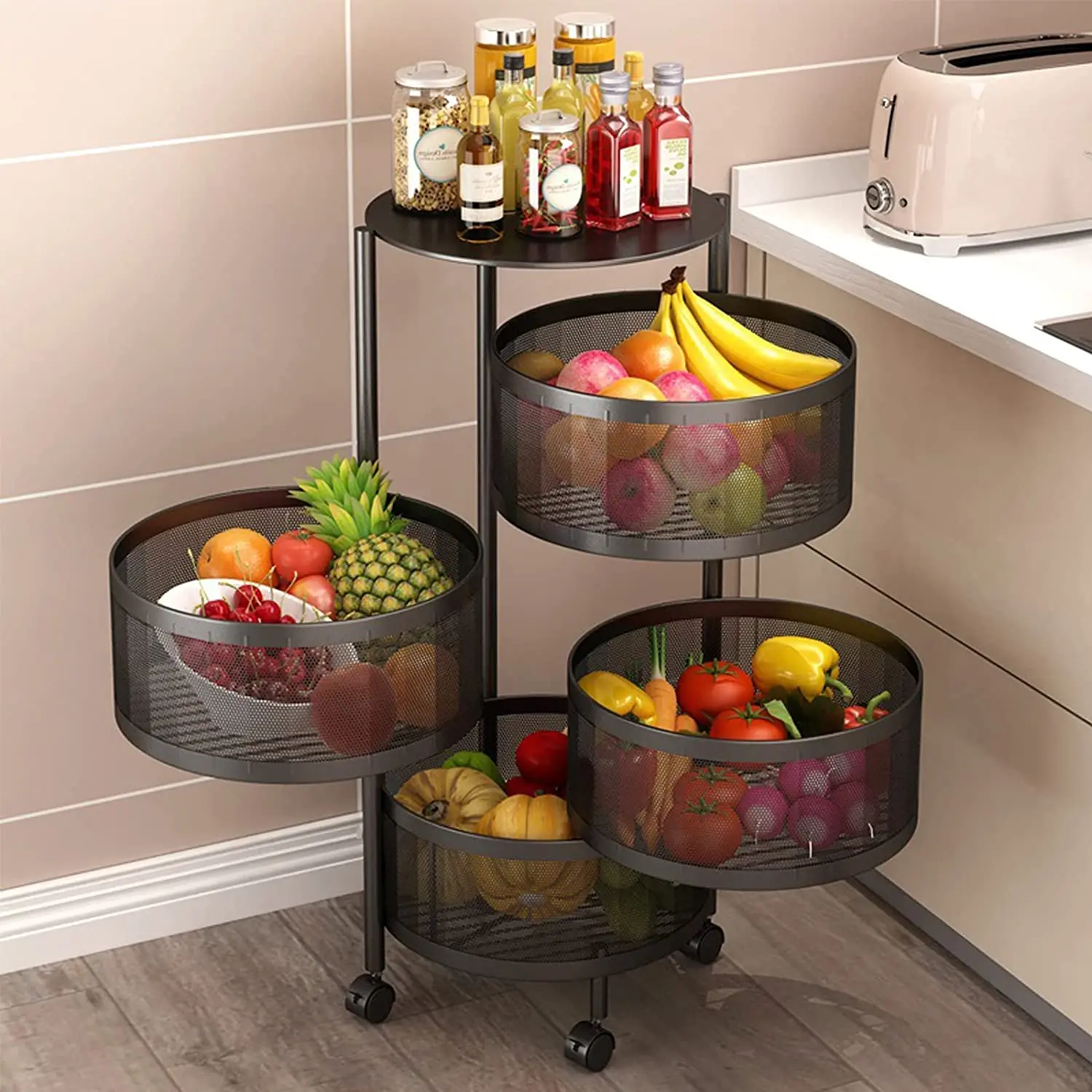 Picture of Round Floor 4-Layer Rotating Fruit And Vegetable Basket Storage Shelf Vegetable Rack