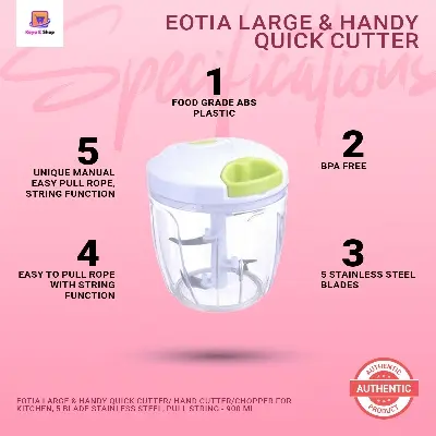 Picture of Eotia Large & Handy Quick Cutter/ Hand cutter/Chopper for Kitchen, 5 Blade Stainless Steel, Pull String - 900 ml
