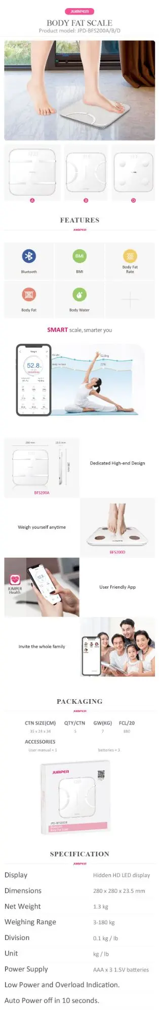 Picture of JUMPER Official JPD BS-200 High Precision Double Tempered Glass Digital Body Weight Scale Device | 1 Year full Replacement Warranty by HONESTIME 