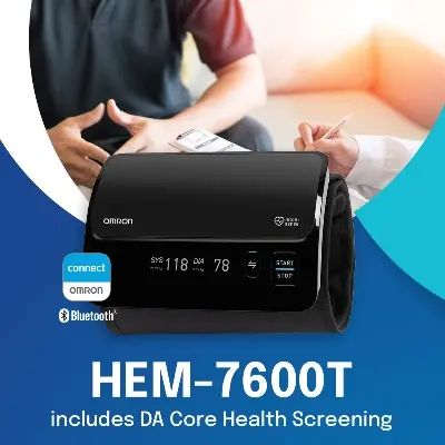 Picture of Omron Hem7600T Tubeless Blood Pressure Monitor Bluetooth Blood Pressure Machine |  / Honestime Tubeless 360° Accurate Digital BP Machine With Intellisense Technology Intelli Wrap Cuff Black (Black)