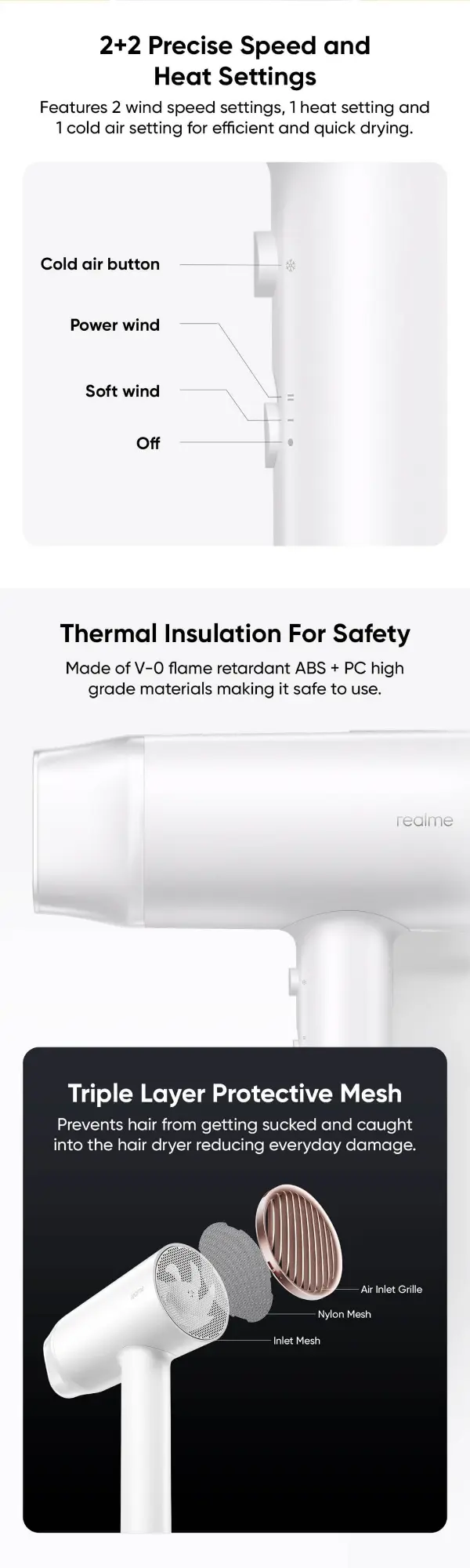 Picture of World's Smartest Realme Hair Dryer Hair Negative Ion provider Cool and Hot Air, Smart Controller,  Safe 1400W  With Official Warranty by Honestime (White)