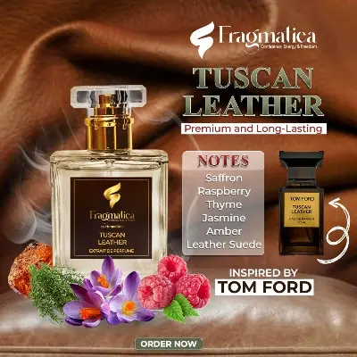 Picture of Fragmtica's Tuscan Leather , For Strong Personality Alpha Man an exceptional fragrance inspired by Tom Ford’s. It is a bold and luxurious scent that embodies power, sophistication, and confidence. With the warmth of leather.,spices and oud (30ml)