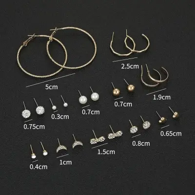 Picture of 12 Pair/Set Korean Square Zircon Stud Earrings Rhinestone Set Earrings Crystal Geometric Beans Ear Jewelry