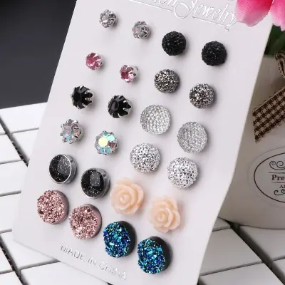 Picture of 12 pairs Ear ring set Crystal 2019 New Fashion Earrings Set Women Jewelry Accessories Piercing Ball Stud Earring Set