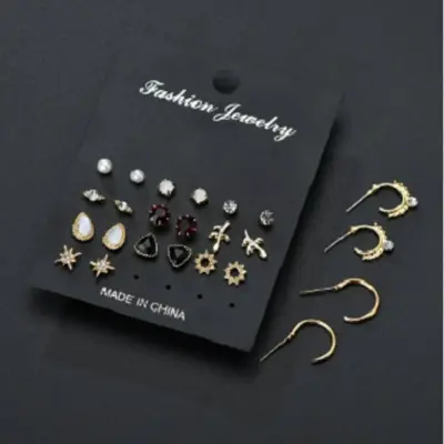 Picture of 12Pair/Set Mix Design Crystal Star Leaves Stud Earrings For Women Vintage Small Imitation Pearl Earrings Set Jewelry Bijoux Gift