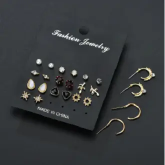 Picture of 12Pair/Set Mix Design Crystal Star Leaves Stud Earrings For Women Vintage Small Imitation Pearl Earrings Set Jewelry Bijoux Gift