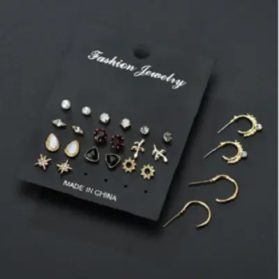 Picture of 12Pair/Set Mix Design Crystal Star Leaves Stud Earrings For Women Vintage Small Imitation Pearl Earrings Set Jewelry Bijoux Gift
