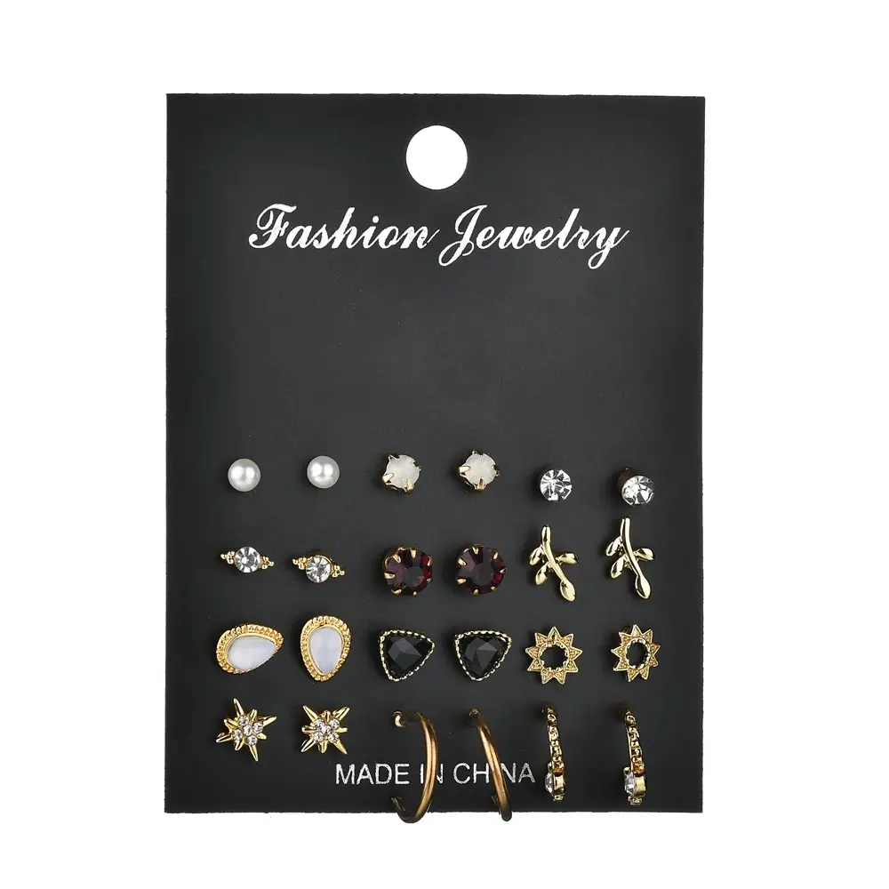 Picture of 12Pair/Set Mix Design Crystal Star Leaves Stud Earrings For Women Vintage Small Imitation Pearl Earrings Set Jewelry Bijoux Gift