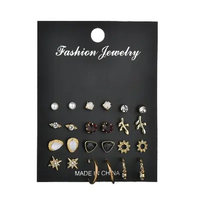 Picture of 12Pair/Set Mix Design Crystal Star Leaves Stud Earrings For Women Vintage Small Imitation Pearl Earrings Set Jewelry Bijoux Gift