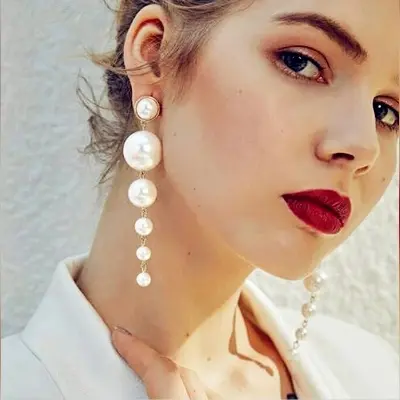 Picture of Simple Artificial Pearl Long Earrings for Women Fashion Jewelry