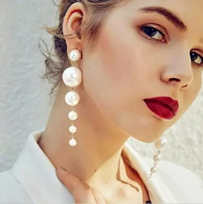 Picture of Simple Artificial Pearl Long Earrings for Women Fashion Jewelry
