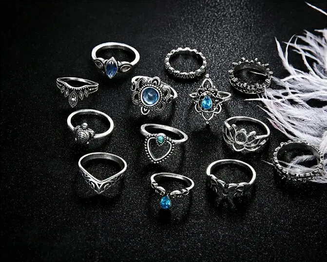 Picture of 13PCS/Set Vintage Crystal Rings Sets Geometric Bohemian Midi Finger Rings for Women's Fashion