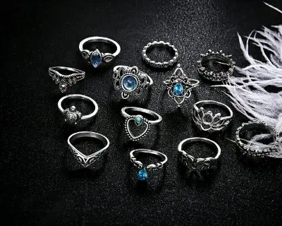 Picture of 13PCS/Set Vintage Crystal Rings Sets Geometric Bohemian Midi Finger Rings for Women's Fashion