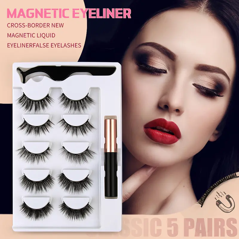Picture of 5 pairs of magnetic liquid eyeliner false eyelashes set Natural 3d liquid eyeliner free glue magnet magnetic eyeliner set