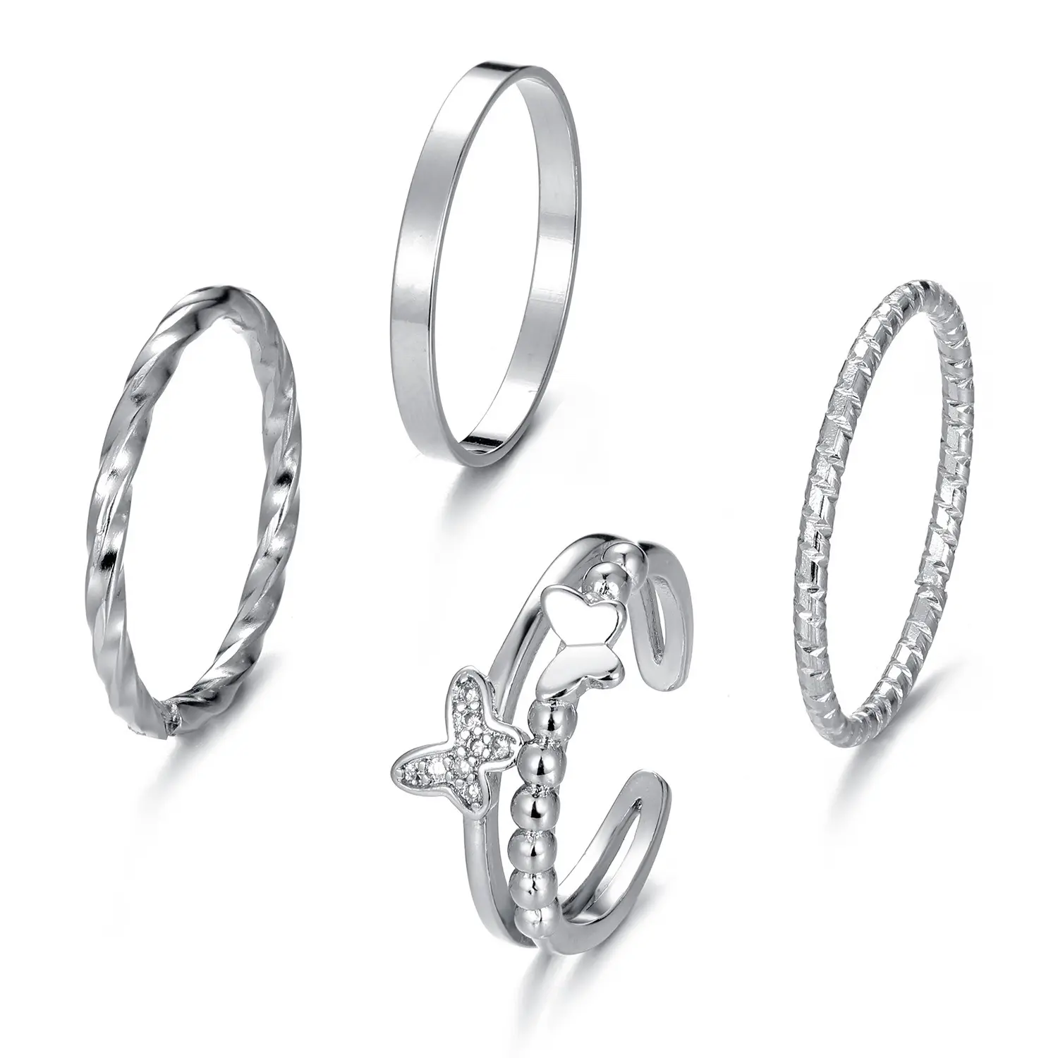 Picture of 4 Pcs/Set Fairy Butterfly Alloy Adjustable Finger Ring For Women
