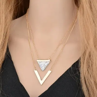 Picture of Punk Necklaces From India Hot Geometric Triangle Faux Marble Stone Pendant Necklace Vintage Jewelry(Gold)
