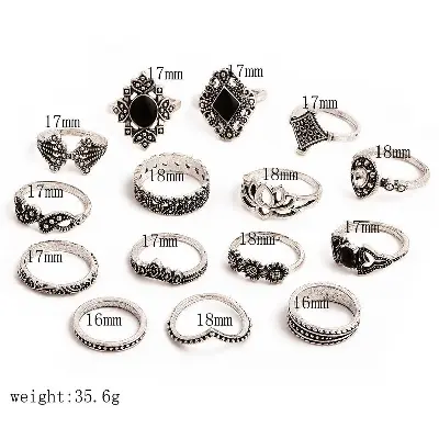 Picture of 15 Pcs/Set Bohemian Retro Flower Leaves Hollow Lotus Finger Ring Set Women Wedding Anniversary Gift - Ring S(Silver)