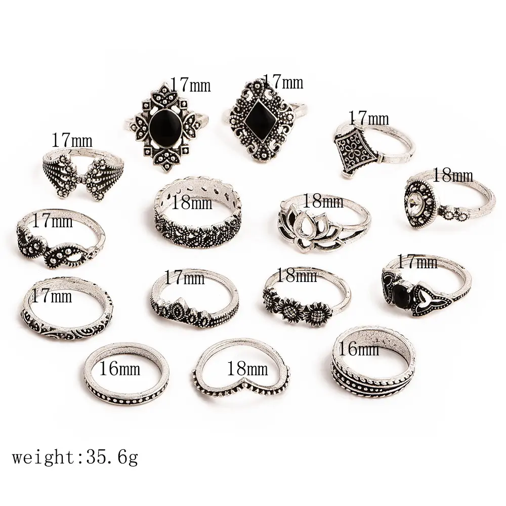 Picture of 15 Pcs/Set Bohemian Retro Flower Leaves Hollow Lotus Finger Ring Set Women Wedding Anniversary Gift - Ring S(Silver)