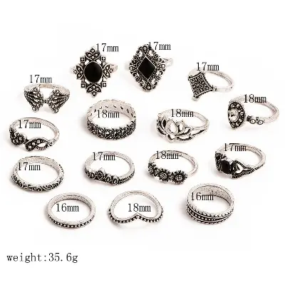Picture of 15 Pcs/Set Bohemian Retro Flower Leaves Hollow Lotus Finger Ring Set Women Wedding Anniversary Gift - Ring S(Silver)
