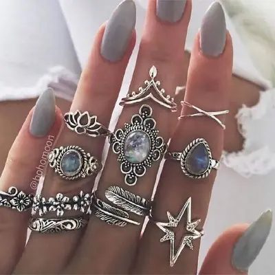 Picture of 11 Pcs/set Women Boho Carving Flowers Leaves Water Drop Stars Crystals Gem Joint Ring Lady Party Wedding Ring(Silver)