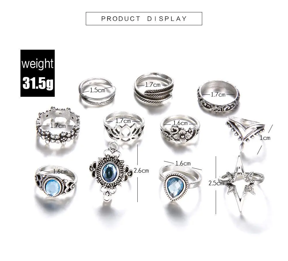 Picture of 11 Pcs/set Women Boho Carving Flowers Leaves Water Drop Stars Crystals Gem Joint Ring Lady Party Wedding Ring(Silver)