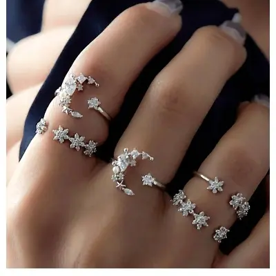 Picture of 5 pcs/set Moon Toe Ring Set White Crystal Star Wedding Ring Set Midi Knuckle Ring Thin Fingers Toe Rings for Women Jewelry - Couple Ring(Silver)