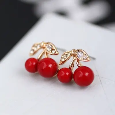 Picture of Red Cherry 1 Pair small shiny stud earring for women's fashion(Red)