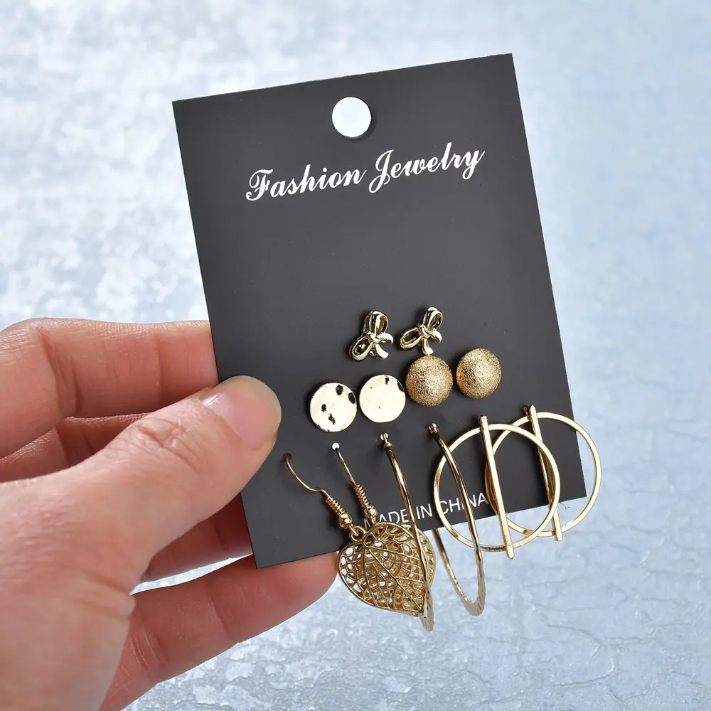 Picture of Triangle Round Pendant Earrings Female 6 Piece Earring Set(Gold)