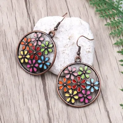 Picture of Fashion Round Cutout Alloy Earrings Creative Flower Earrings Bohemian Women's Fashion Jewelry(Turquoise)