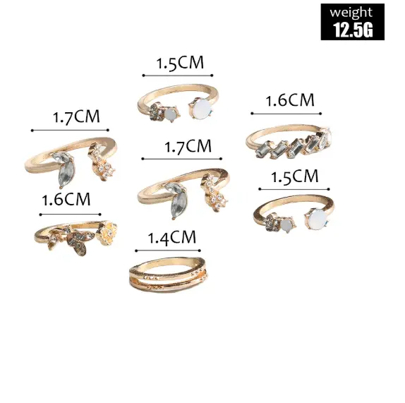 Picture of 7pcs/set Bohemian Butterfly Flower Knuckle Joint Rings Set For Women Crystal Finger Rings Girls Jewelry 2021 New(Gold)