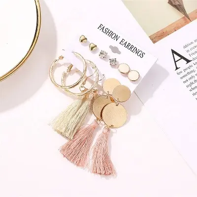 Picture of 6 Pairs/set Ethnic style tassel geometric stud earring set for women's fashion(Picture Color)