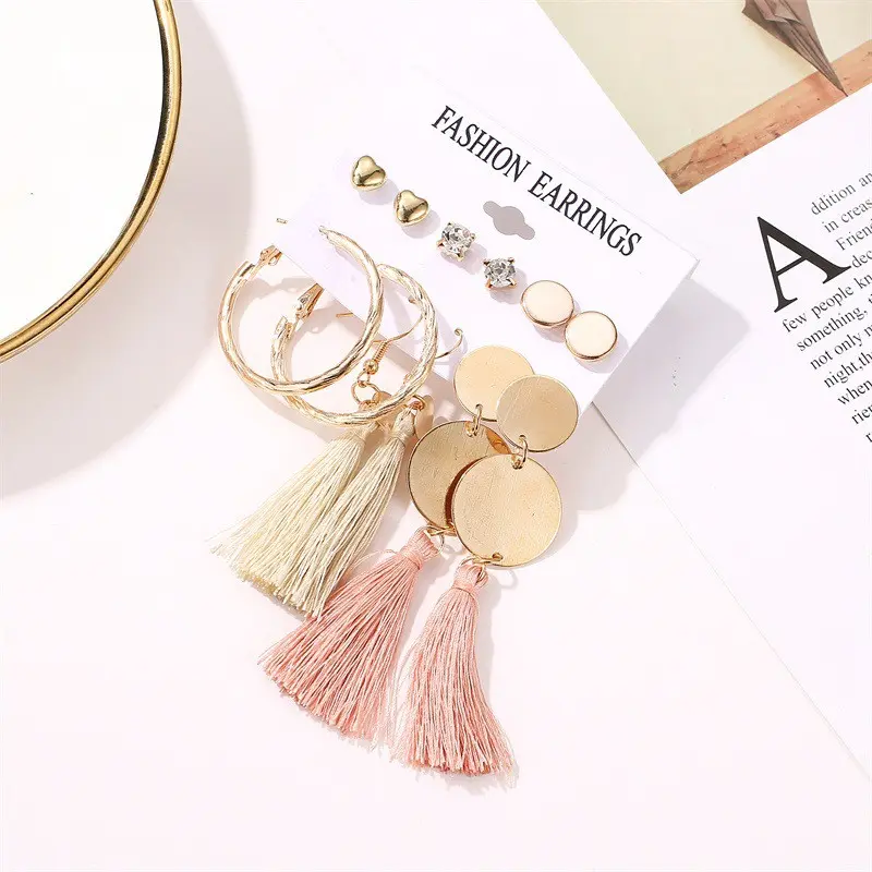 Picture of 6 Pairs/set Ethnic style tassel geometric stud earring set for women's fashion(Picture Color)