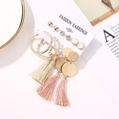 Picture of 6 Pairs/set Ethnic style tassel geometric stud earring set for women's fashion(Picture Color)